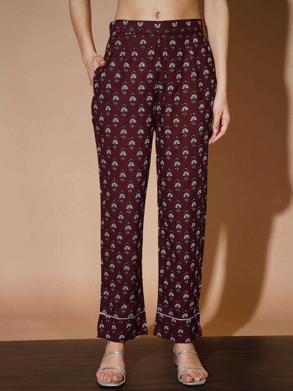 Myshka Women Rust Floral Kurta & Trousers | Grocsy