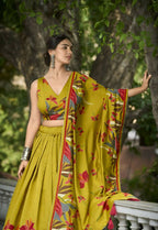 Vastranavya Polyester Viscose Chanderi Lehenga Choli With Intricate Print And Dupatta - Mustard | Grocsy