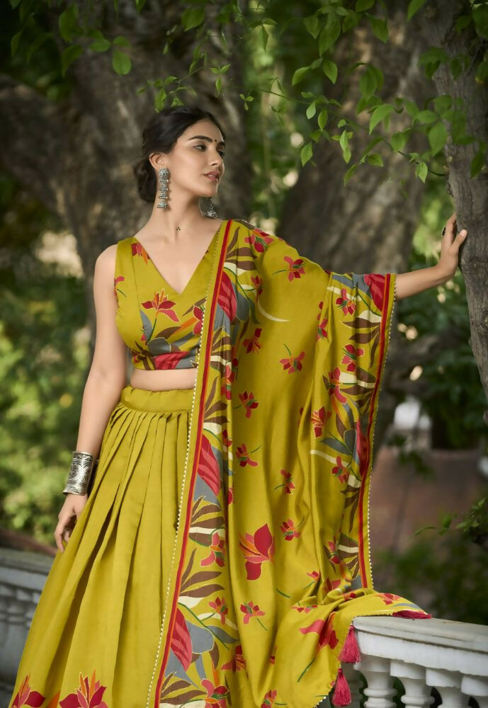 Vastranavya Polyester Viscose Chanderi Lehenga Choli With Intricate Print And Dupatta - Mustard | Grocsy