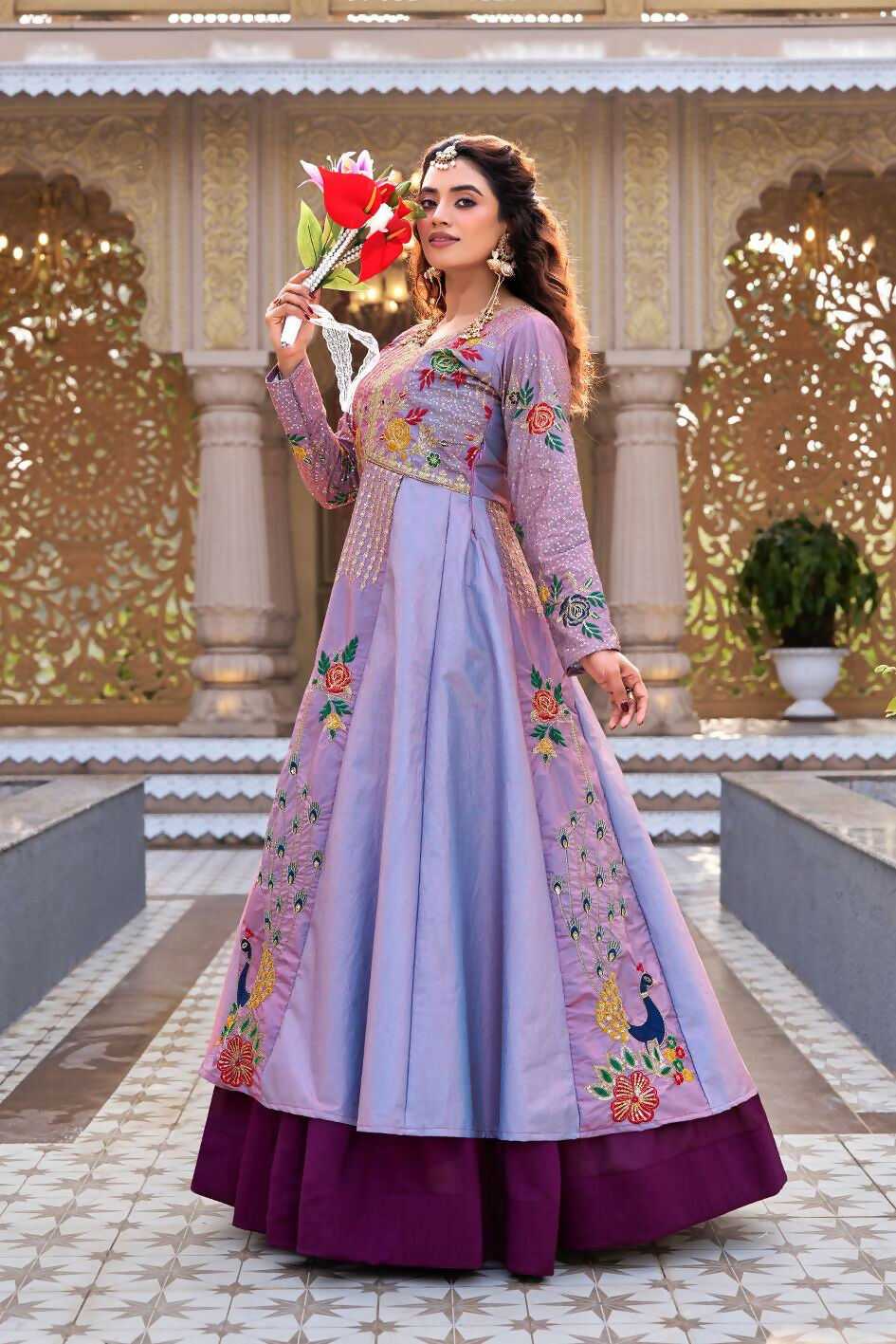 Teeya Creation Womens New Simply Wear Embroidery Sequence With Thread Work Lavender Gown Set | Grocsy