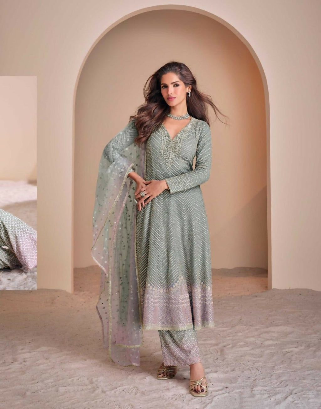 Anaita Sky-Blue Georgette Readymade Suit with Codding Dori & Sequence Work | Grocsy