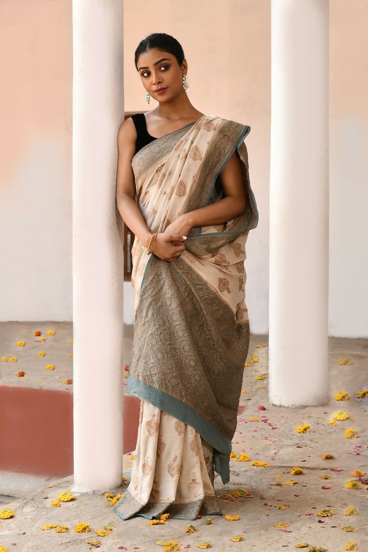 Joban Fashion Ivory Crepe Chiffon Pure Handloom Banarasi Silk Saree | Grocsy