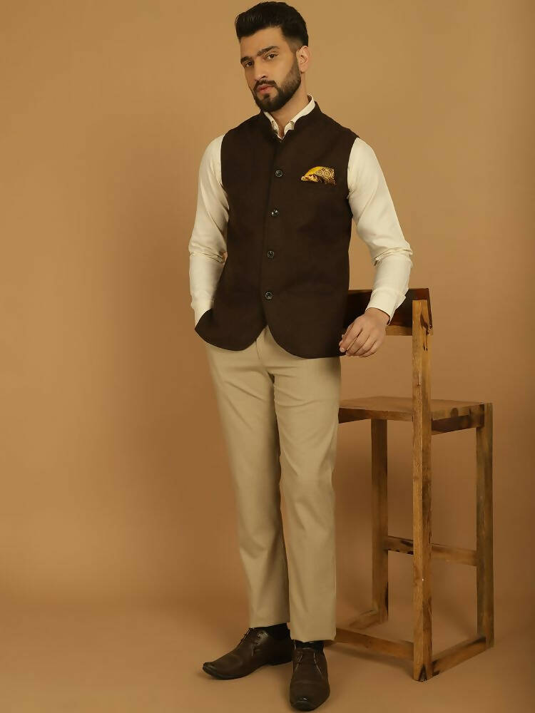 Even Apparels Pure Wool Nehru Jacket - Brown | Grocsy