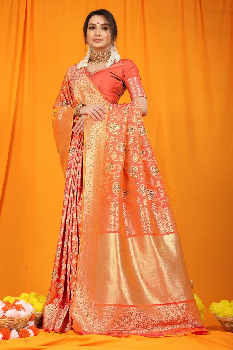 Jyoti Fashion Women's Orange Kanjivaram Silk Zari Woven Saree with Blouse | Grocsy