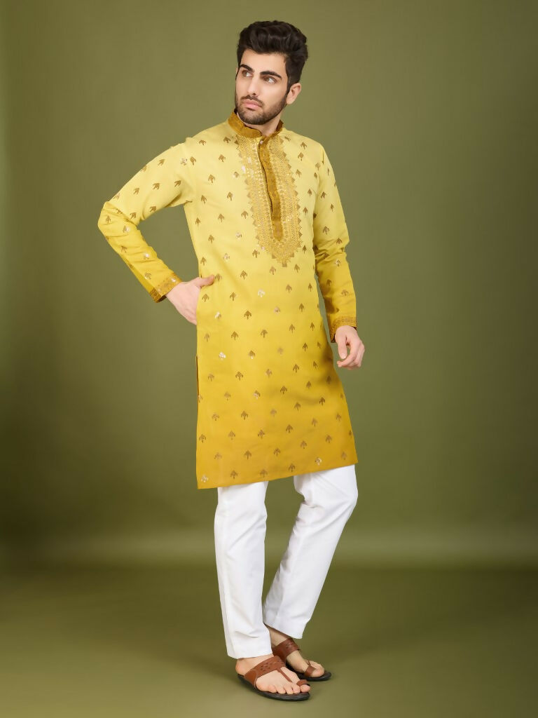 Vastranavya Ombre Yellow Premium Viscose Silk Thread & Sequence Embroidery work Kurta | Grocsy