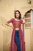 Vastranavya Maroon Navratri Special Kutchi Patch Work with Bandhani Printed Faux Georgette Kurti | Grocsy