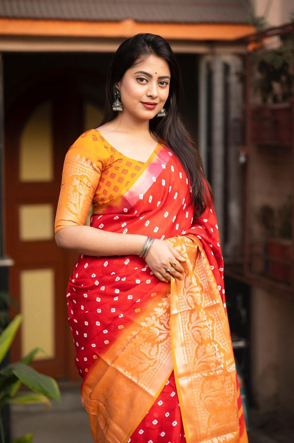 Red Jute Silk Printed Saree with Unstitched Blouse - Hiral Fashion | Grocsy
