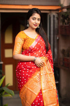 Red Jute Silk Printed Saree with Unstitched Blouse - Hiral Fashion | Grocsy