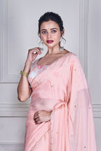 Morchari Peach Chiffon Hand Embroidery Saree And Stitched Blouse | Grocsy