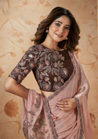 Peach Crepe Satin Silk Thread, Sequence, Cord Embroidered with Stone Work Saree - Mohmanthan Dakshika | Grocsy