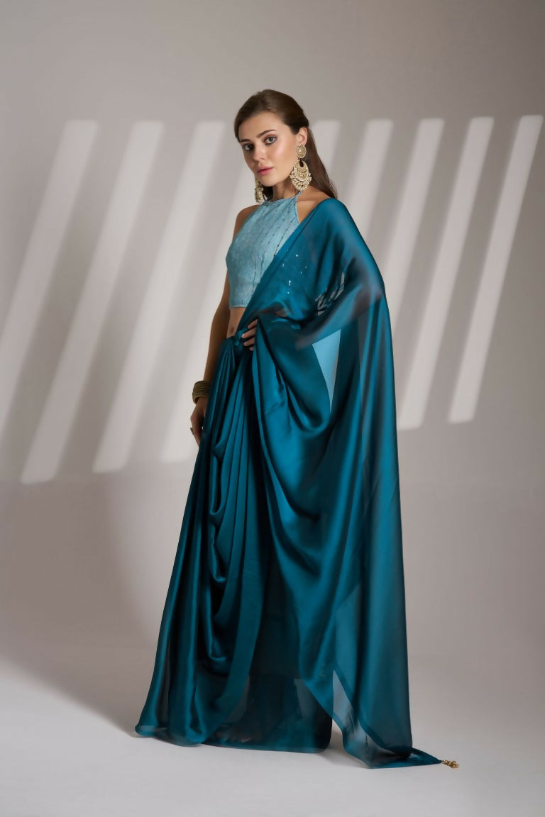 Blue Satin Rangoli Solid Fancy Designer Saree - Nafisa | Grocsy
