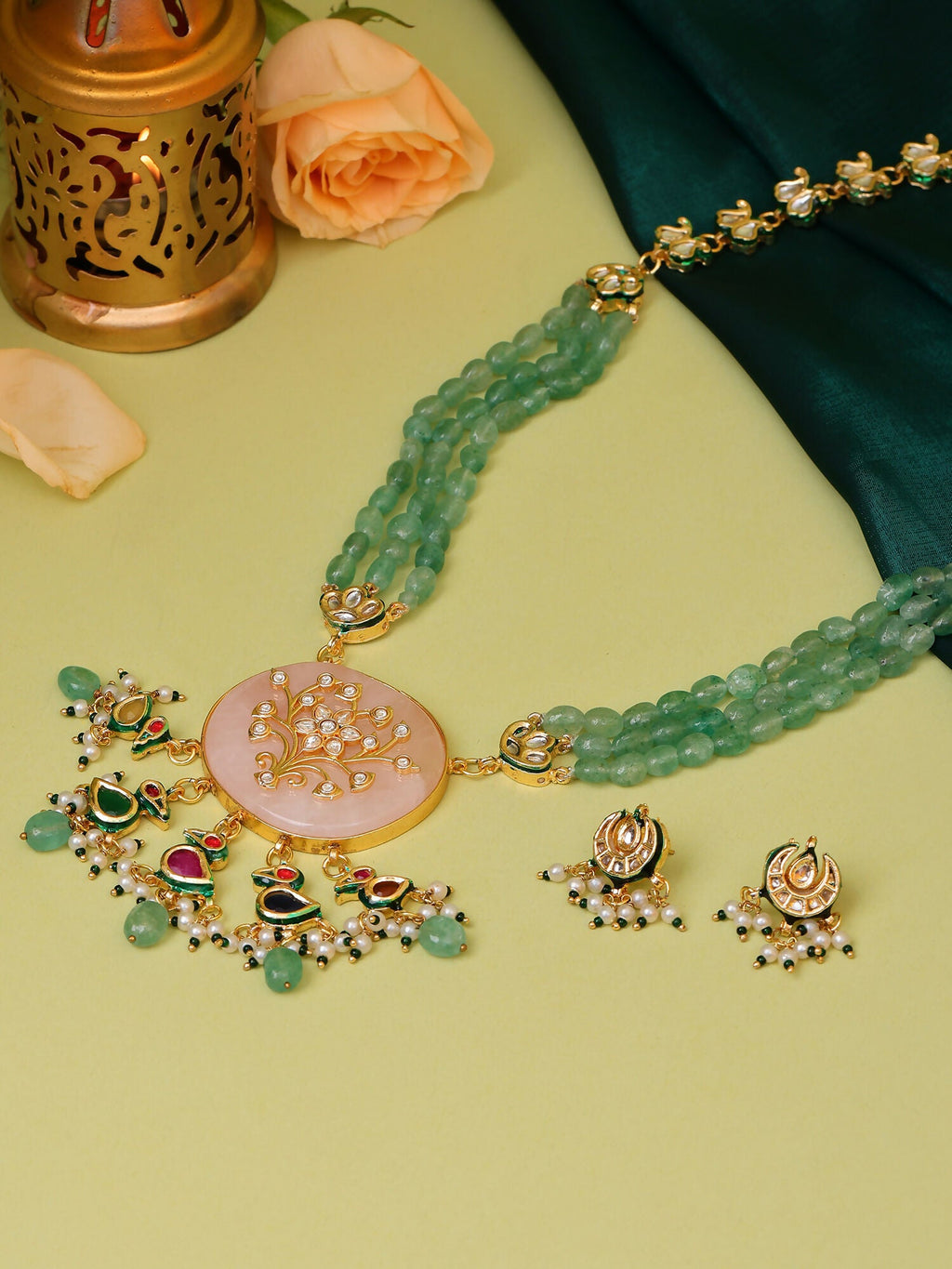 Ruby Raang Gold Polished Green Long Kundan And Stonework Necklace With Earrings | Grocsy