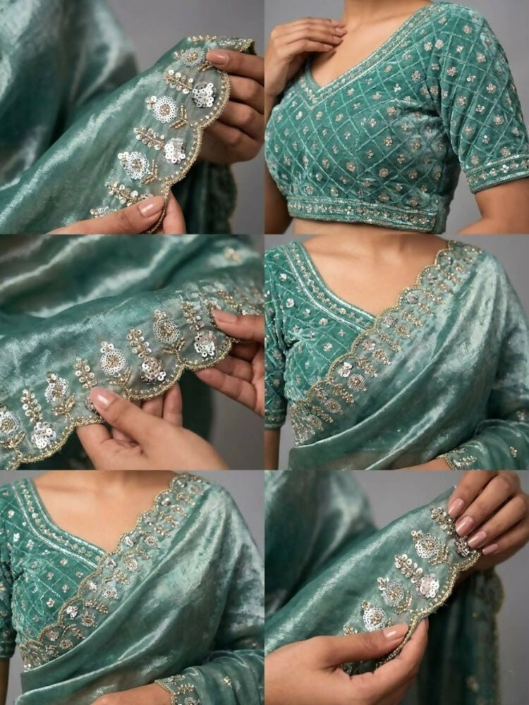 Joban Fashion Green Fandy Satin Silk Party Wear Sarees | Grocsy