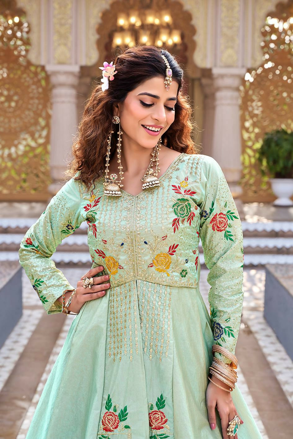 Teeya Creation Womens New Simply Wear Embroidery Sequence With Thread Work Light-Green Gown Set | Grocsy