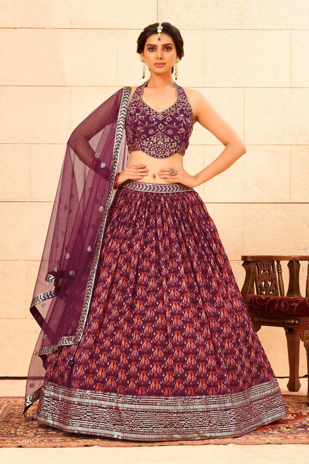 Purple Faux Georgette Sequence work Lehenga Choli with Dupatta - Dhvani | Grocsy