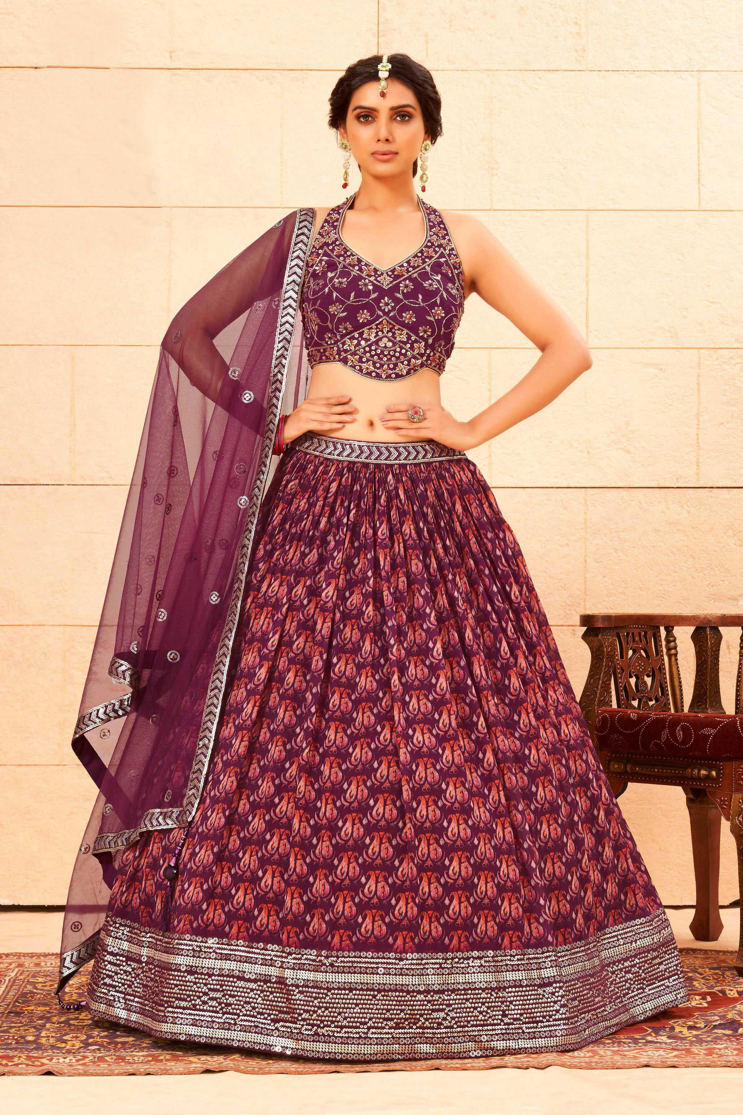 Purple Faux Georgette Sequence work Lehenga Choli with Dupatta - Dhvani | Grocsy