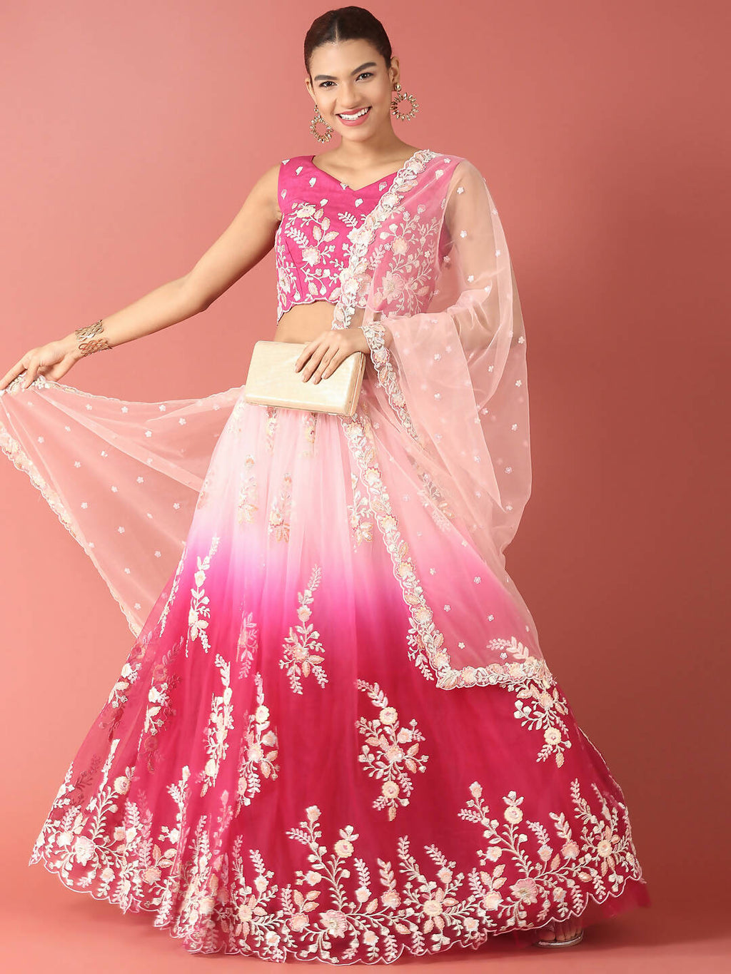 House of Panchhi Rose Tone Shadding Net Sequinse Work Lehenga & Blouse, Dupatta | Grocsy