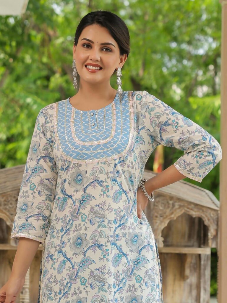 Aramya Straight Soft Cotton Floral Print Women's Kurta Set - Blue | Grocsy