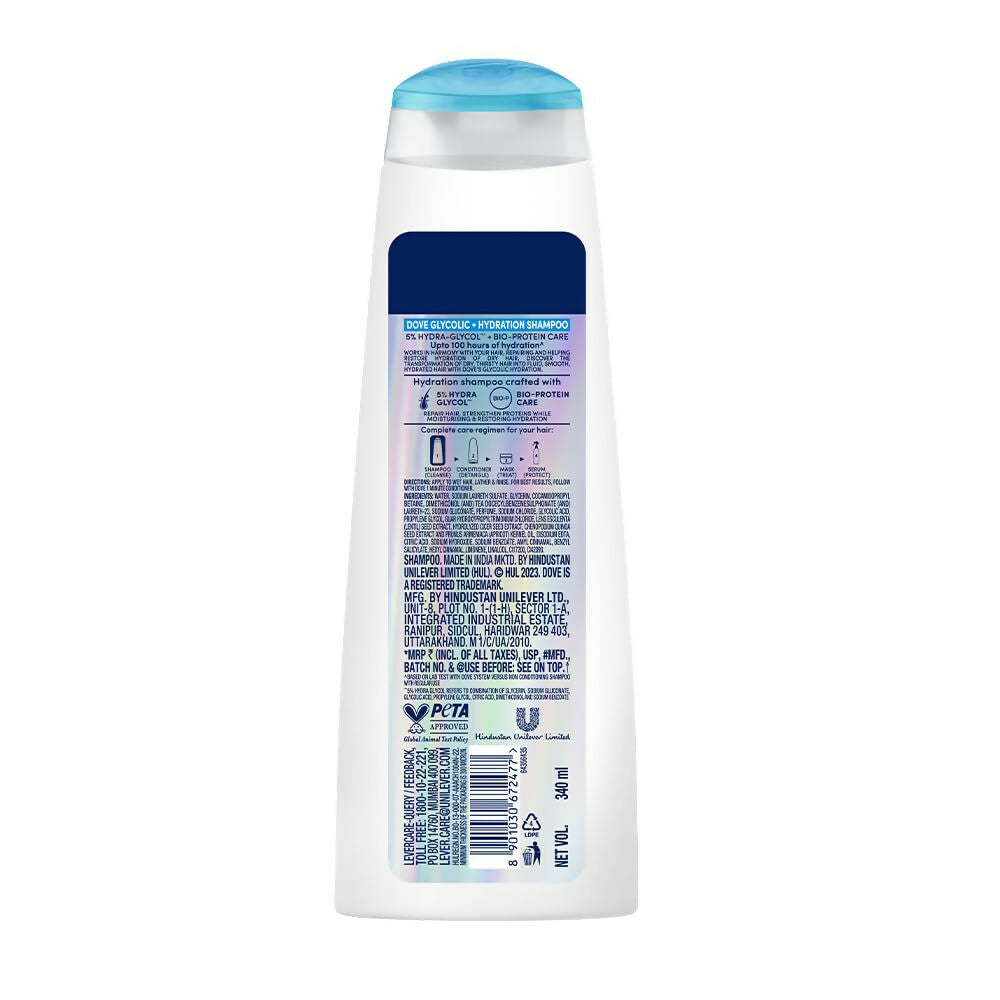 Dove Glycolic + Hydration Shampoo With 5% Hydra-Glycol For Upto 100 Hours Of Hydrated, Fluid Hair | Grocsy
