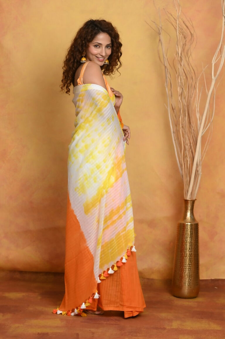 Very Much Indian Tie & Dye Handloom Mul Cotton Saree - Orange Yellow | Grocsy