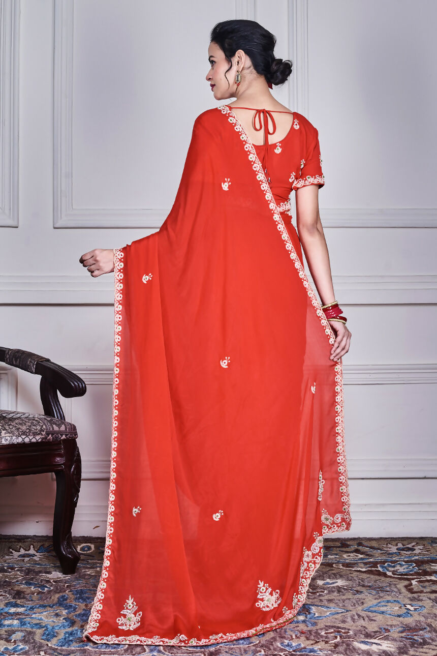 Morchari Red Chiffon Hand Embroidery Saree And Stitched Blouse | Grocsy