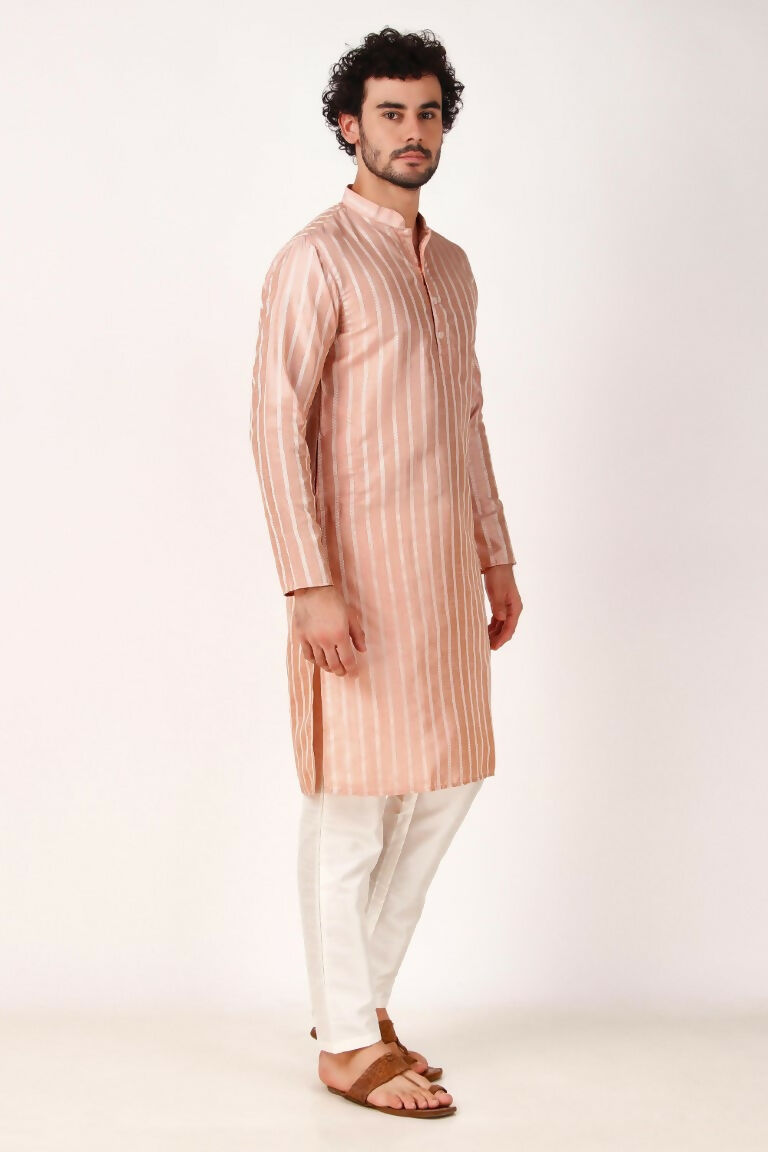 Pink Art Silk Woven Designer Men's Rajwadi Kurta Set - Mahotsav | Grocsy