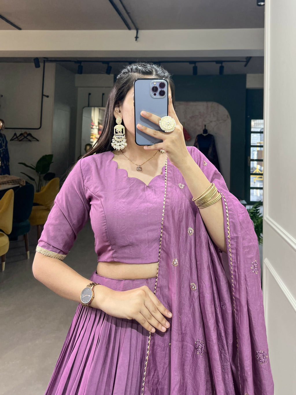 Lorenvalley Lavender Pure Chanderi Plain With Zari Weaving Work Border Lehenga Choli | Grocsy