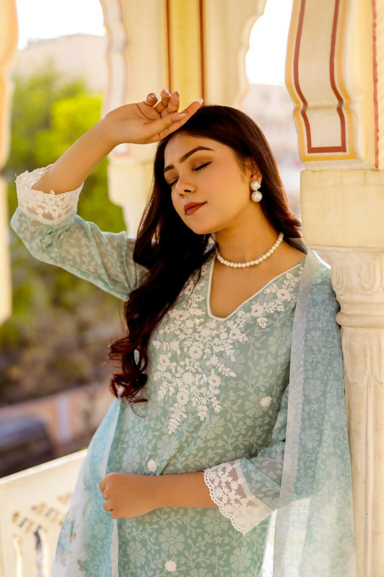 Vaasva Women Sky Blue Linen Floral Printed Kurta, Pant & Dupatta set | Grocsy