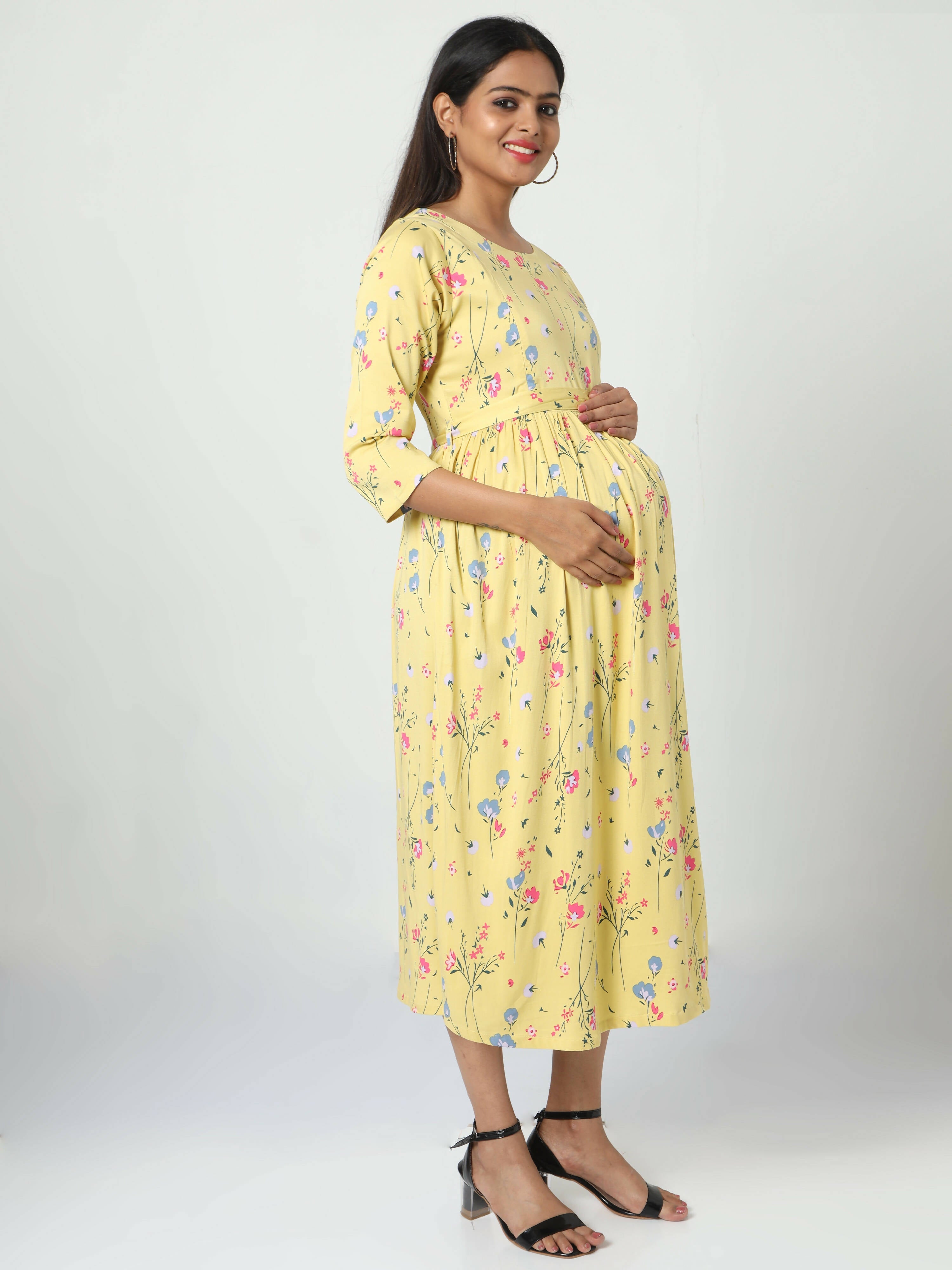Manet Three Fourth Maternity Dress Floral Print With Concealed Zipper Nursing Access - Yellow | Grocsy