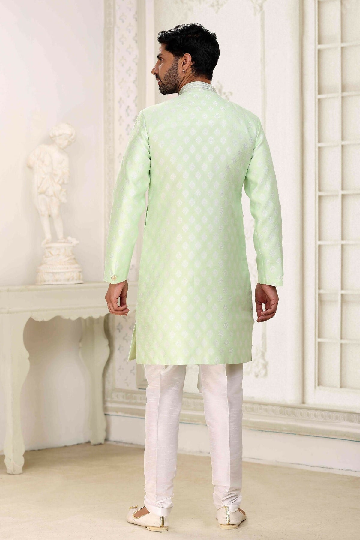 Raivat Ethnic Banarasi Jacquard Embroidery Semi Indo Western Sherwani In Pista Green Colour | Grocsy