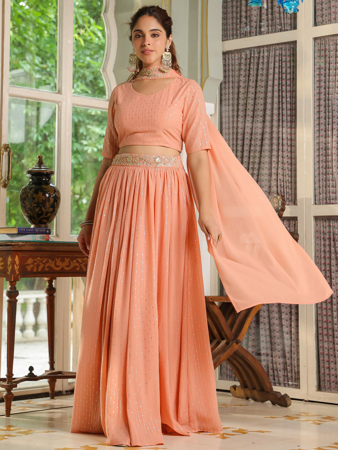 Janasya Peach Georgette Foil Print Lehenga Choli Dupatta | Grocsy