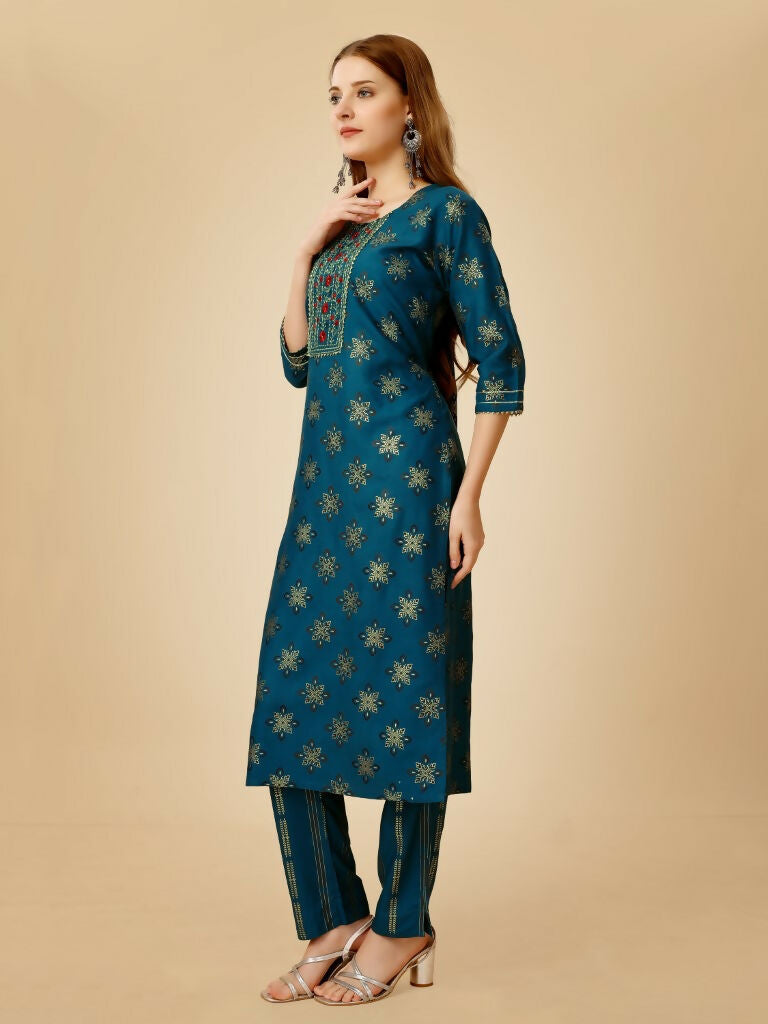 Jyoti Fashion Women's Navy Blue Viscose Rayon Embroidered Kurta Pant Set | Grocsy