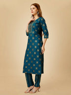 Jyoti Fashion Women's Navy Blue Viscose Rayon Embroidered Kurta Pant Set | Grocsy