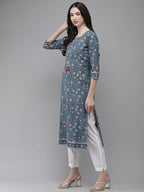 Yufta Women Blue And White Kurta with Trouser Set | Grocsy