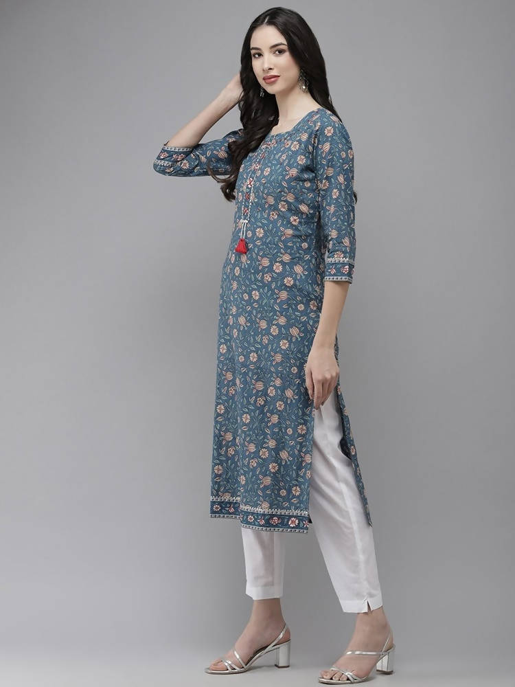 Yufta Women Blue And White Kurta with Trouser Set | Grocsy