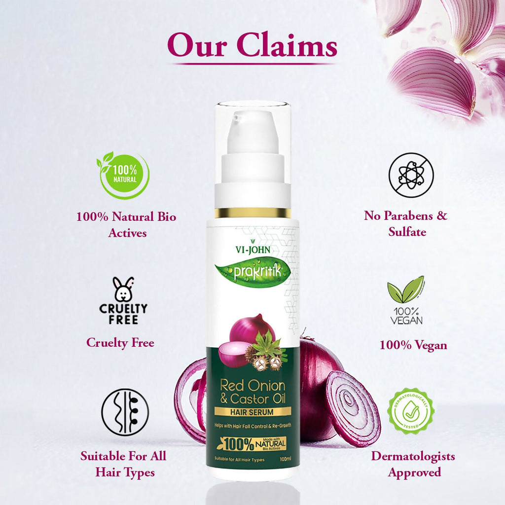 VI-JOHN Prakritik Red Onion & Castor Oil Hair serum, Reduces Hair Loss, 100% Natural Bio Actives Hair Oil | Grocsy