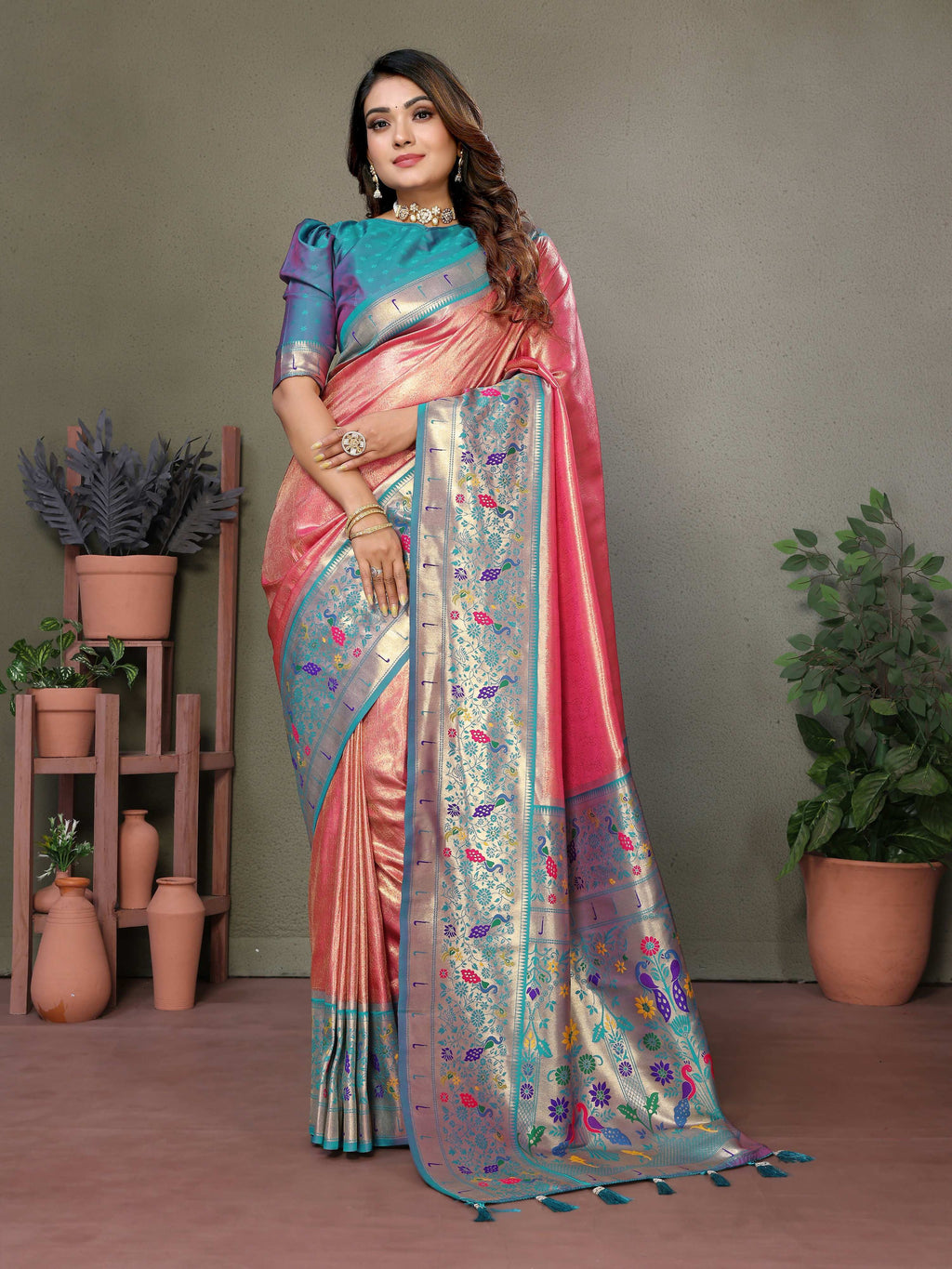 Aastha Fashion Dusty Pink Tissue Silk Paithani Woven Saree | Grocsy