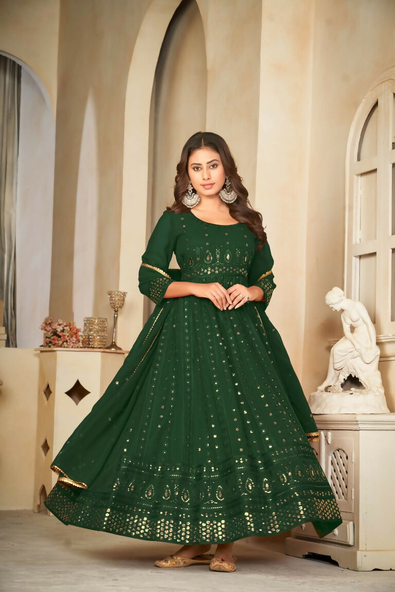 Jyoti Fashion Women's Green Georgette Embroidered Anarkali Kurta Pant Set With Dupatta | Grocsy