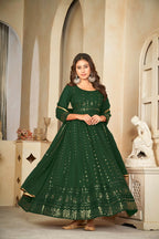 Jyoti Fashion Women's Green Georgette Embroidered Anarkali Kurta Pant Set With Dupatta | Grocsy