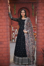 Jyoti Fashion Women's Black Faux Blooming Sequence Zari Embroidered Anarkali Dress with Dupatta | Grocsy