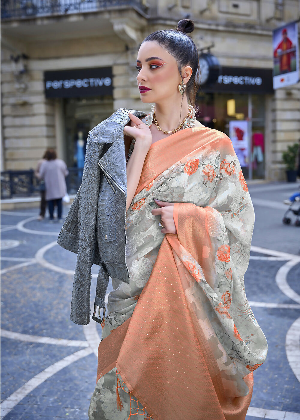 Lovely Orange & Cream Polly Brasso Designer Saree - Emponline | Grocsy