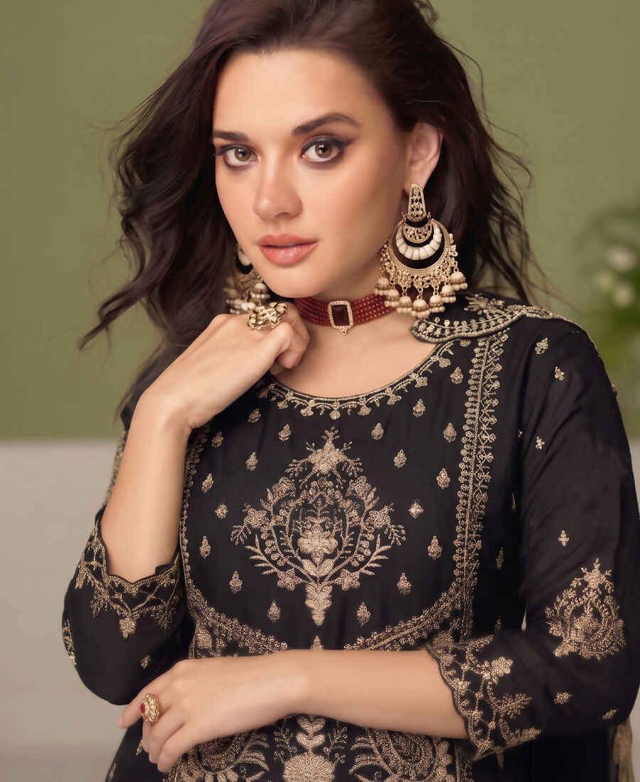 KC Black Wedding Wear Embroidered Crush Silk Salwar Suit | Grocsy