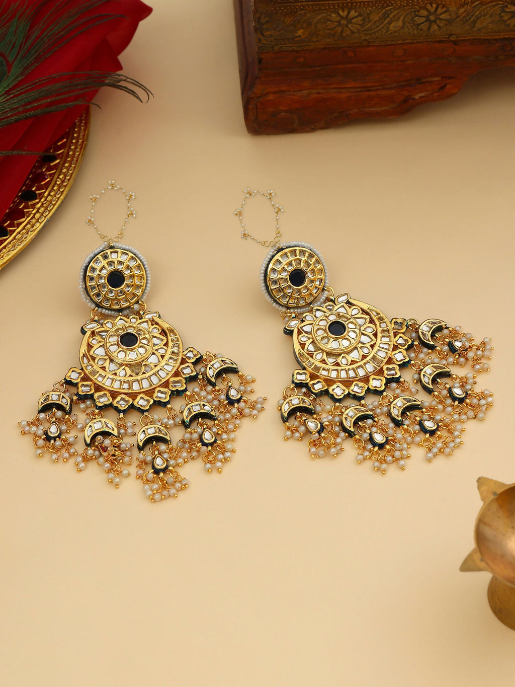 Ruby Raang 22k Gold Polished Kundan Chand Earrings With Ear Chains | Grocsy