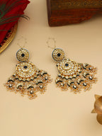 Ruby Raang 22k Gold Polished Kundan Chand Earrings With Ear Chains | Grocsy