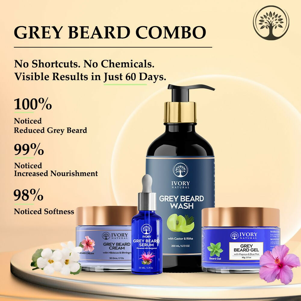 Ivory Natural Grey Beard Combo (Serum, Cream, Wash & Gel) Restore Your Silver Beard To Natural Color | Grocsy