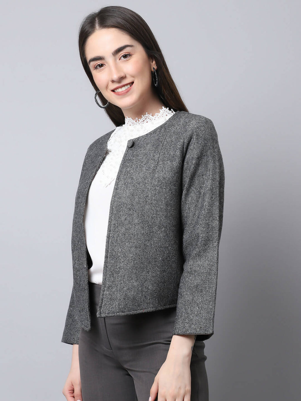 Even Apparels Black Pure Wool Open Front Statement Women's Jacket | Grocsy