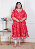 Miravan Plus Size Women'S Red Jaipuri Printed Cotton Ethnic Anarkali Kurta | Grocsy
