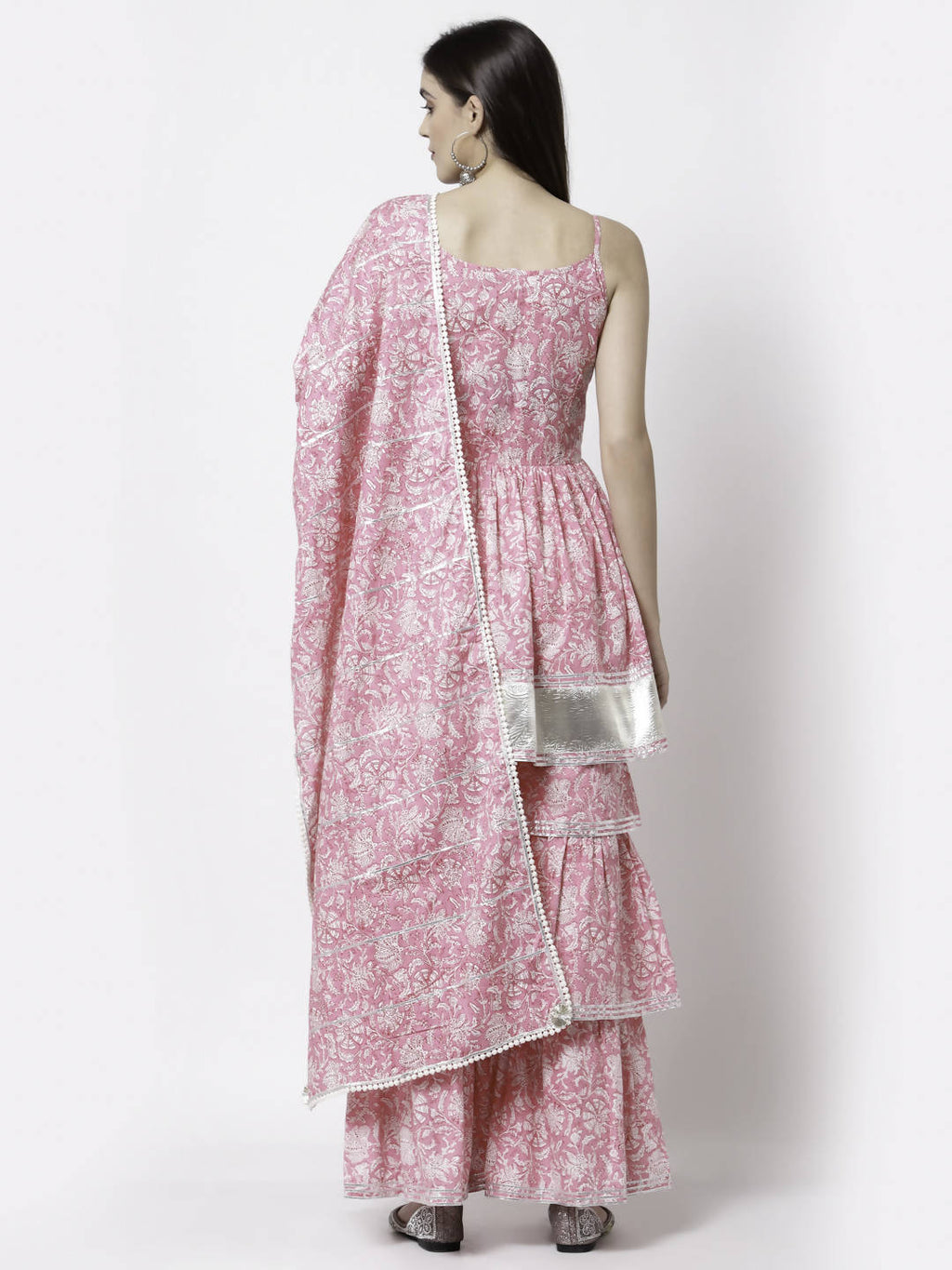 Myshka Women Pink Pure Cotton Printed Sleeveless Round Neck Kurta With Sharara & Dupatta Set | Grocsy