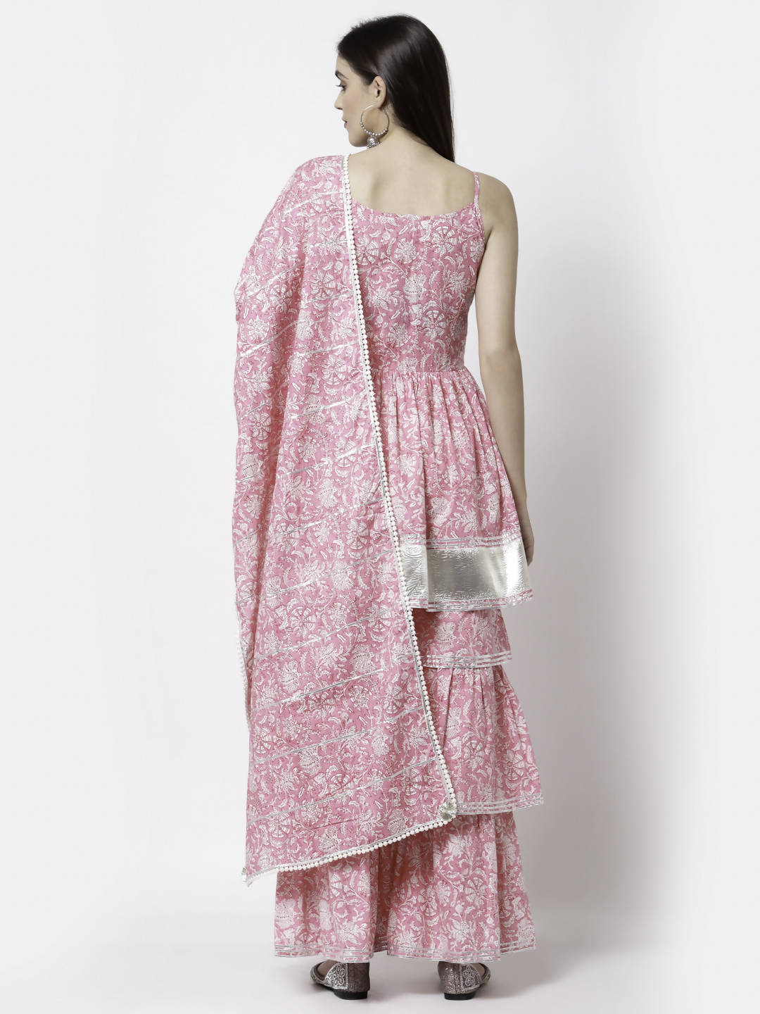 Myshka Women Pink Pure Cotton Printed Sleeveless Round Neck Kurta With Sharara & Dupatta Set | Grocsy