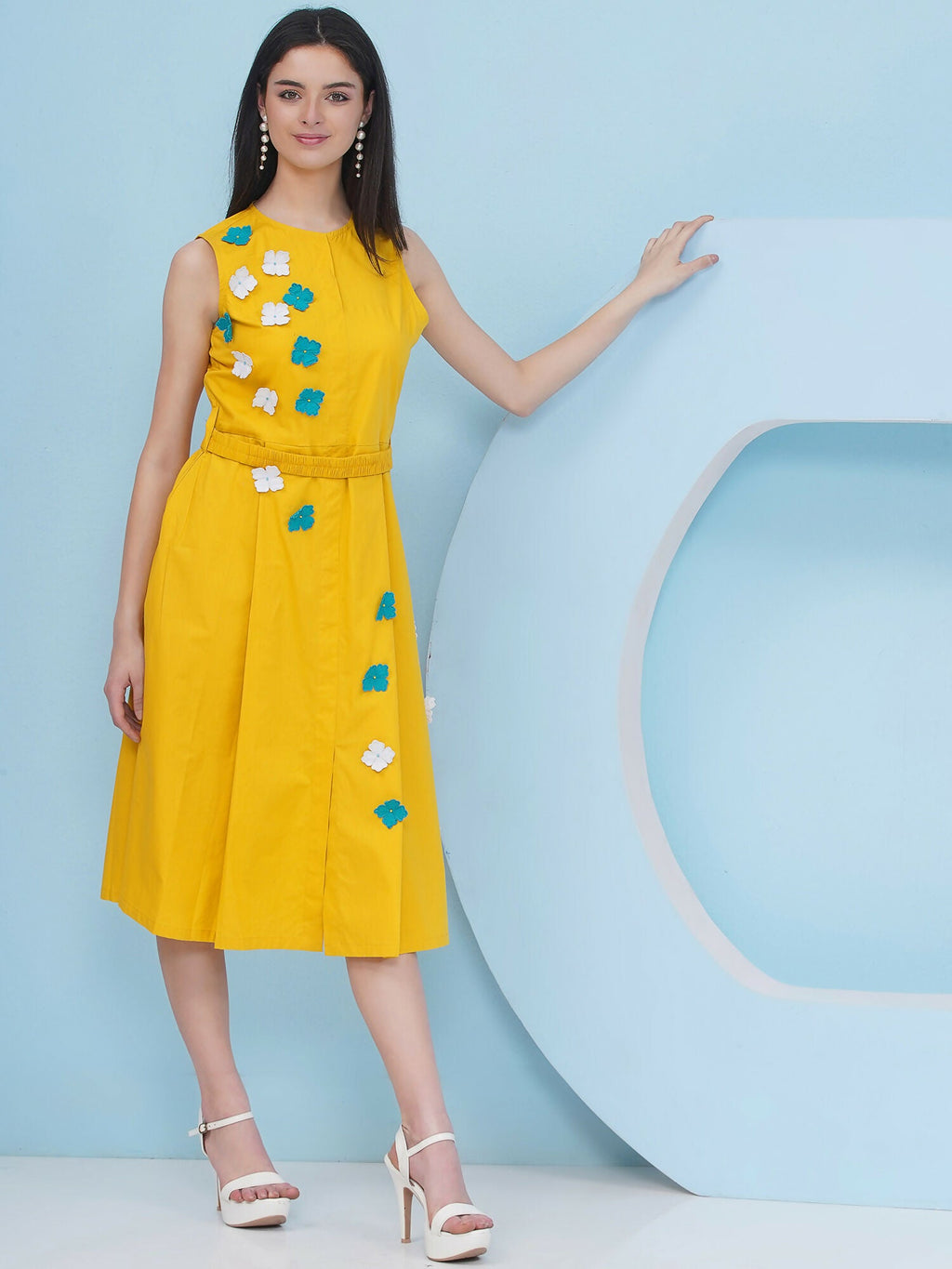 Joban Fashion Yellow Dress with 3D Flower Embroidery and Belt | Grocsy